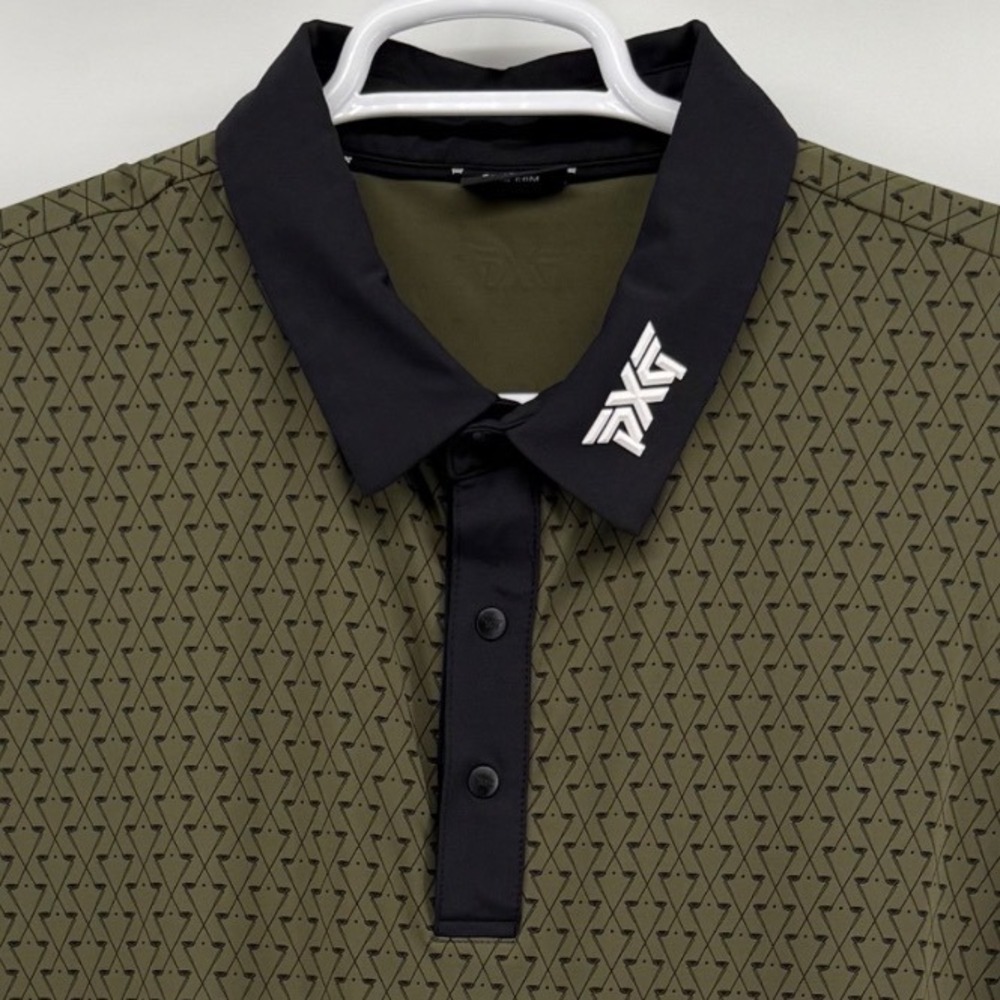 PXG Mens XXL Golf Polo Shirt Olive Green Black Geometric Golf Club Print Snap